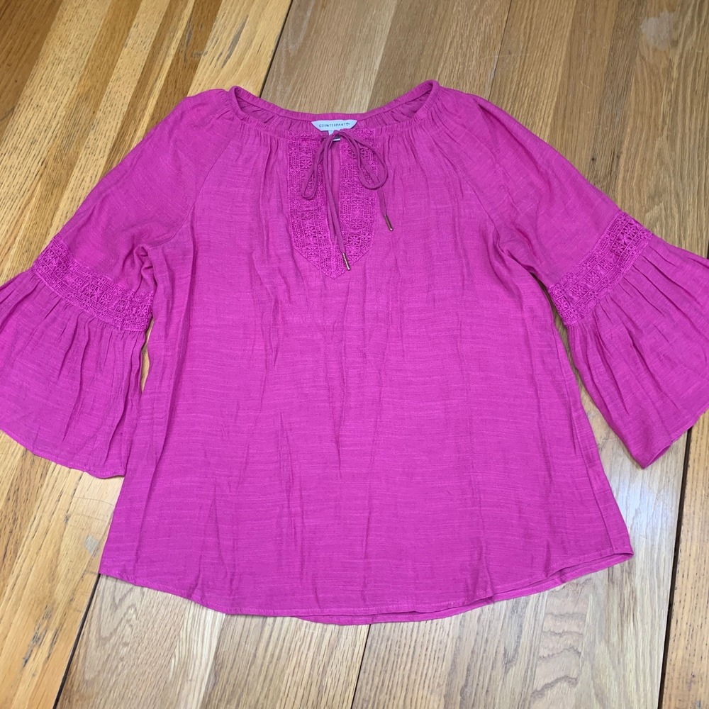 Counterparts Magenta Pink Boho Lace‎ Trim Bell Sleeve Tie Neck Blouse Medium